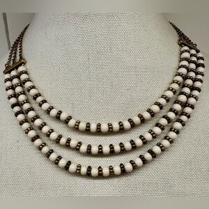 🌼 Lucky Brand 3-Strand Beaded Necklace – Ivory & Antique Brass Boho Chic 🌼